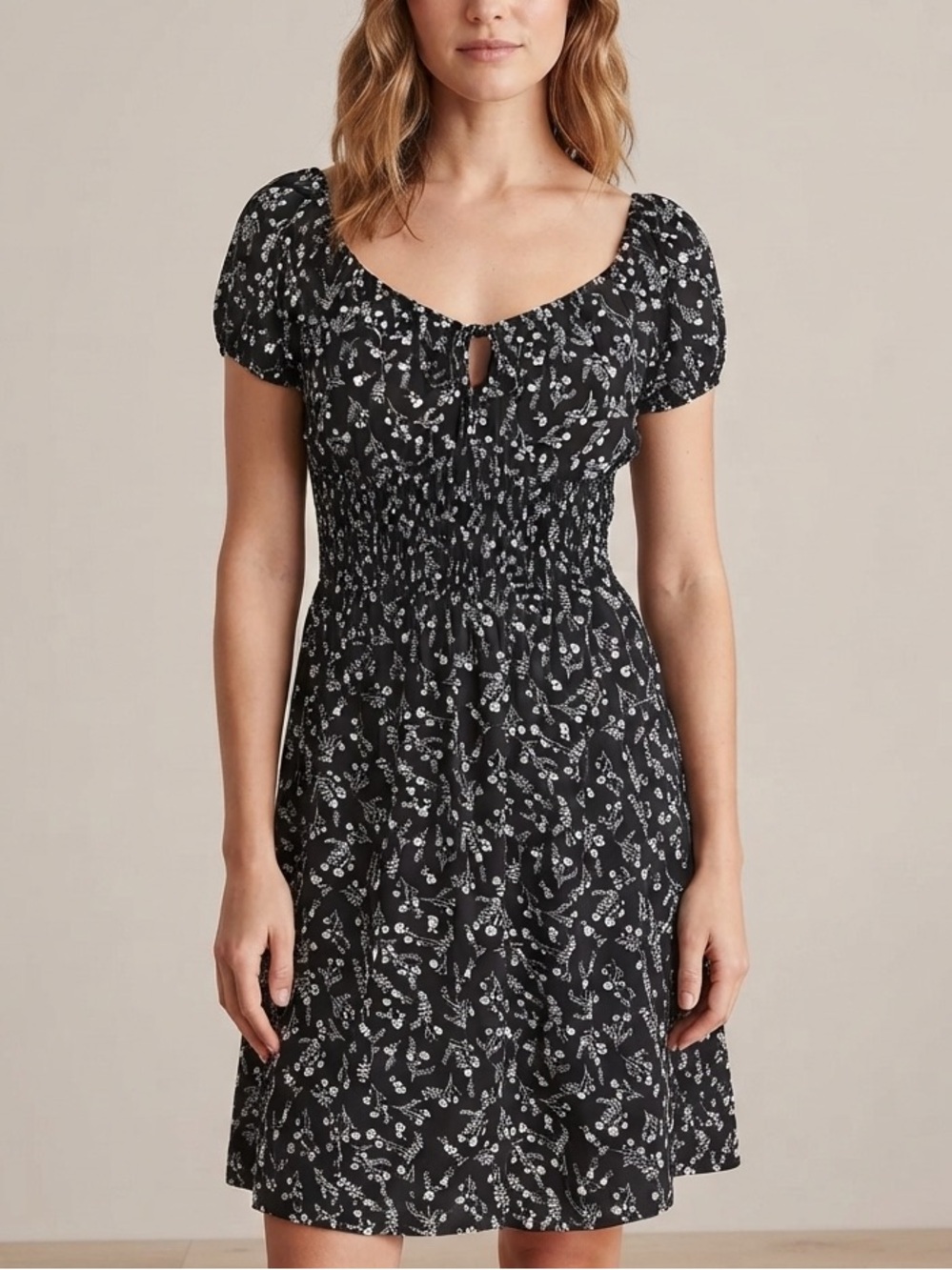 Love Tree Black Floral Smocked Waist Mini Dress Puff Sleeve Milkmaid Cottage L